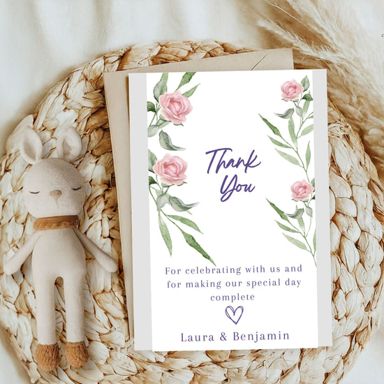 Pink rose wedding thank you card template with watercolor florals — editable Canva design to express gratitude with timeless, romantic, and elegant charm.