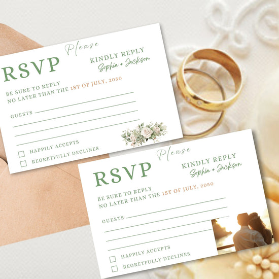 Tutorial showing how to customize printable wedding invitations RSVP cards in Canva with floral bouquet and photo options for rustic boho and French garden weddings.