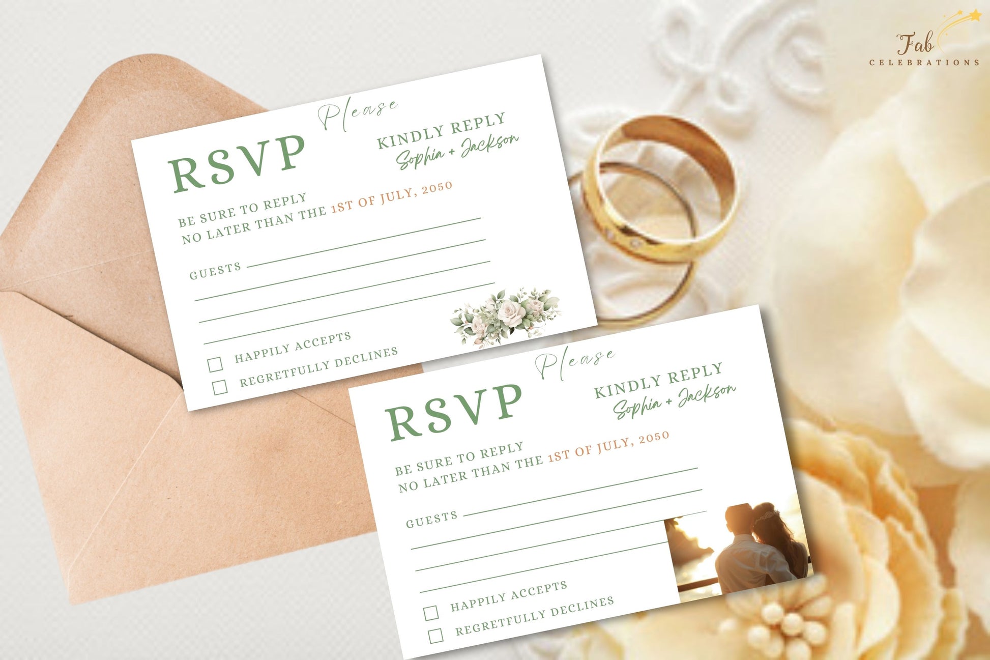 Tutorial showing how to customize printable wedding invitations RSVP cards in Canva with floral bouquet and photo options for rustic boho and French garden weddings.