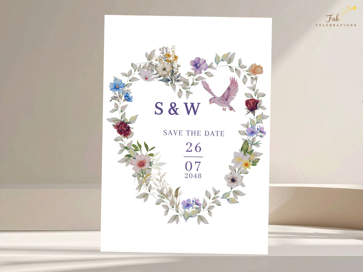 Purple Floral Save the Date Card video showcasing an editable Canva wedding announcement template with watercolor-inspired floral heart and dove artwork, perfect for sharing your wedding date in romantic style.
