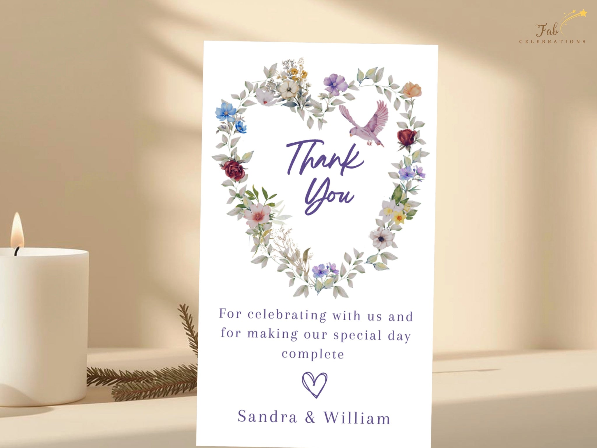 Purple Floral Wedding Thank You Card video showcasing an editable Canva thank you card with watercolor-inspired floral heart and dove artwork, designed to express heartfelt gratitude to wedding guests with romantic elegance.