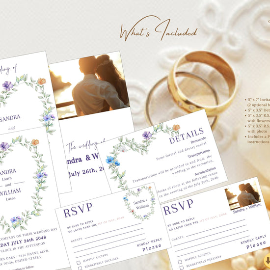 Romantic Heart Wedding Suite editable Canva wedding invitation set showcasing watercolor-inspired floral heart wreath designs, RSVP cards, details cards, and coordinated wedding stationery.