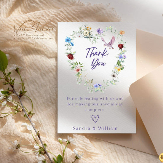 Romantic poetry wedding invitations thank you card tutorial showing Canva editing with floral heart, roses and dove motifs for rustic boho and countryside receptions.