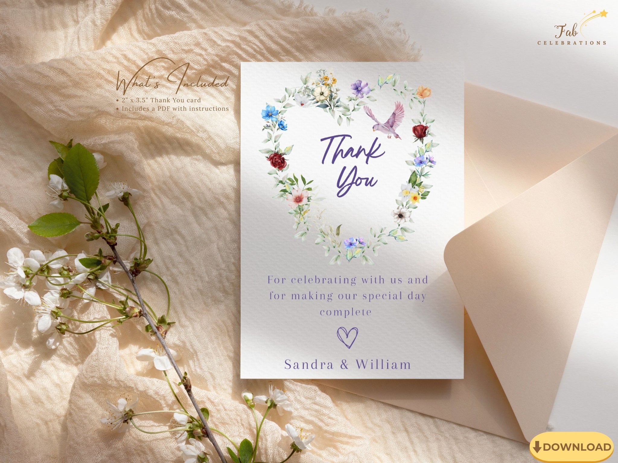 Romantic poetry wedding invitations thank you card tutorial showing Canva editing with floral heart, roses and dove motifs for rustic boho and countryside receptions.