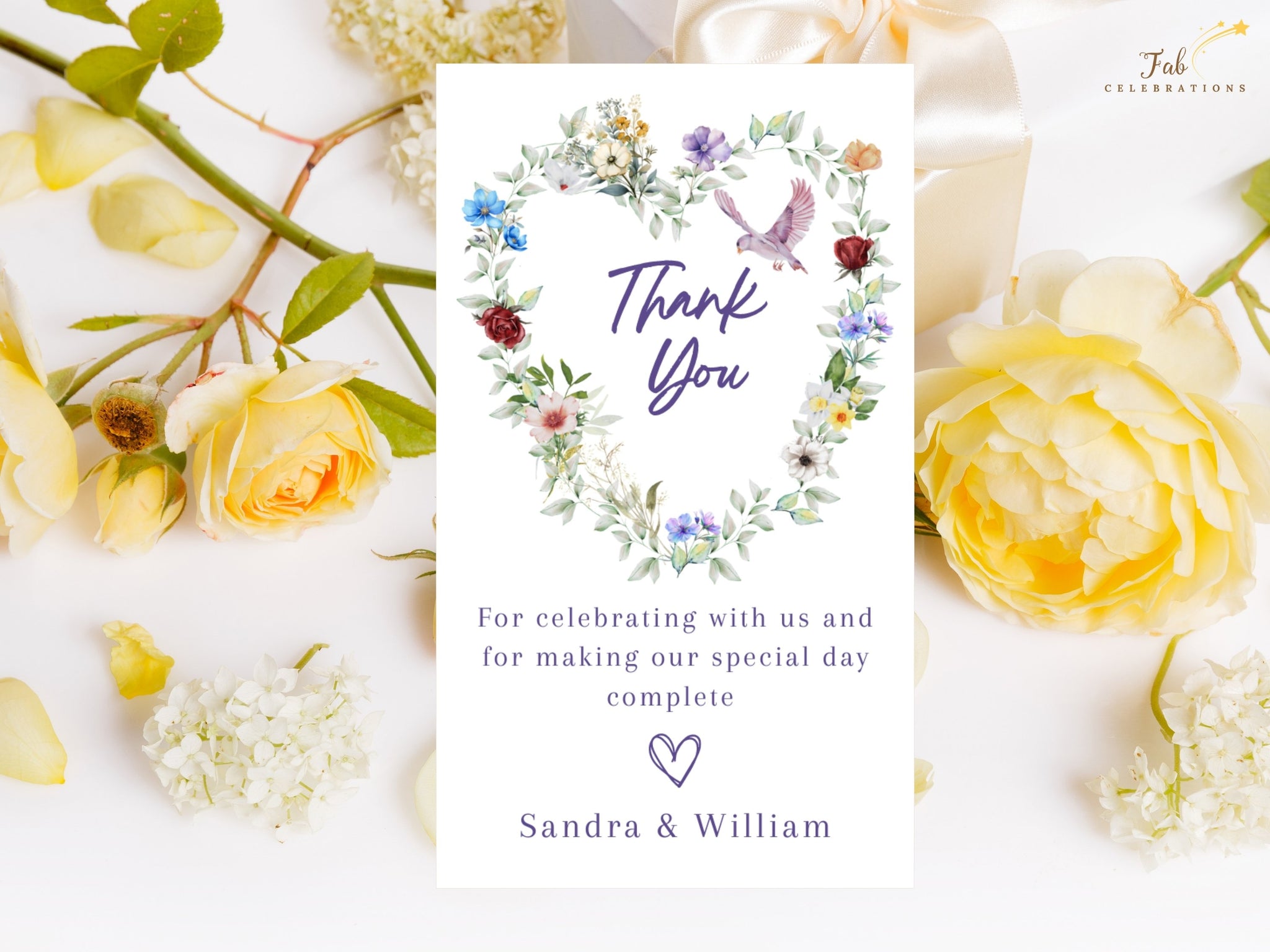Canva tutorial showing editable wedding thank you cards with watercolor floral heart, red roses and graceful dove motif for romantic French-inspired weddings.