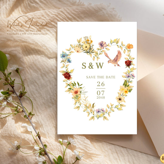 Video showcasing the Romantic Save the Date Card featuring a watercolor-inspired floral heart wreath, graceful pink dove illustration and editable Canva design for elegant wedding announcements.