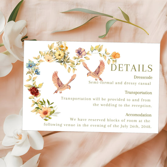Video showcasing the Romantic Wedding Information Card featuring a watercolor-inspired floral heart wreath, graceful dove illustrations and editable Canva design for sharing wedding details with timeless elegance.