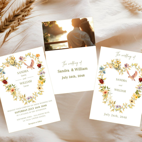 Video showcasing the Romantic Wedding Invitation Template featuring a watercolor-inspired floral heart wreath, graceful dove illustration and elegant Parisian-inspired Canva design for timeless printable wedding invitations.