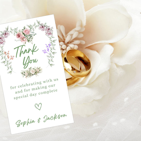 Tutorial showing how to edit romantic wedding invitations thank you card template in Canva, featuring a romantic watercolor-inspired floral heart for elegant French-inspired weddings.