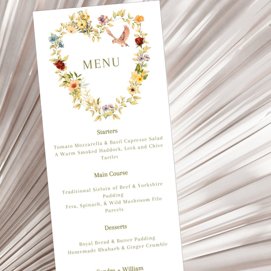 Video showcasing the Romantic Wedding Menu Template featuring a watercolor-inspired floral heart wreath, graceful dove illustration, soft beige background and editable Canva design for elegant wedding receptions.