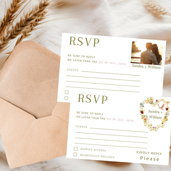 Video showcasing the Romantic Wedding RSVP Card featuring a watercolor-inspired floral heart wreath, graceful dove illustration and two editable Canva response card designs for elegant coordinated wedding stationery.
