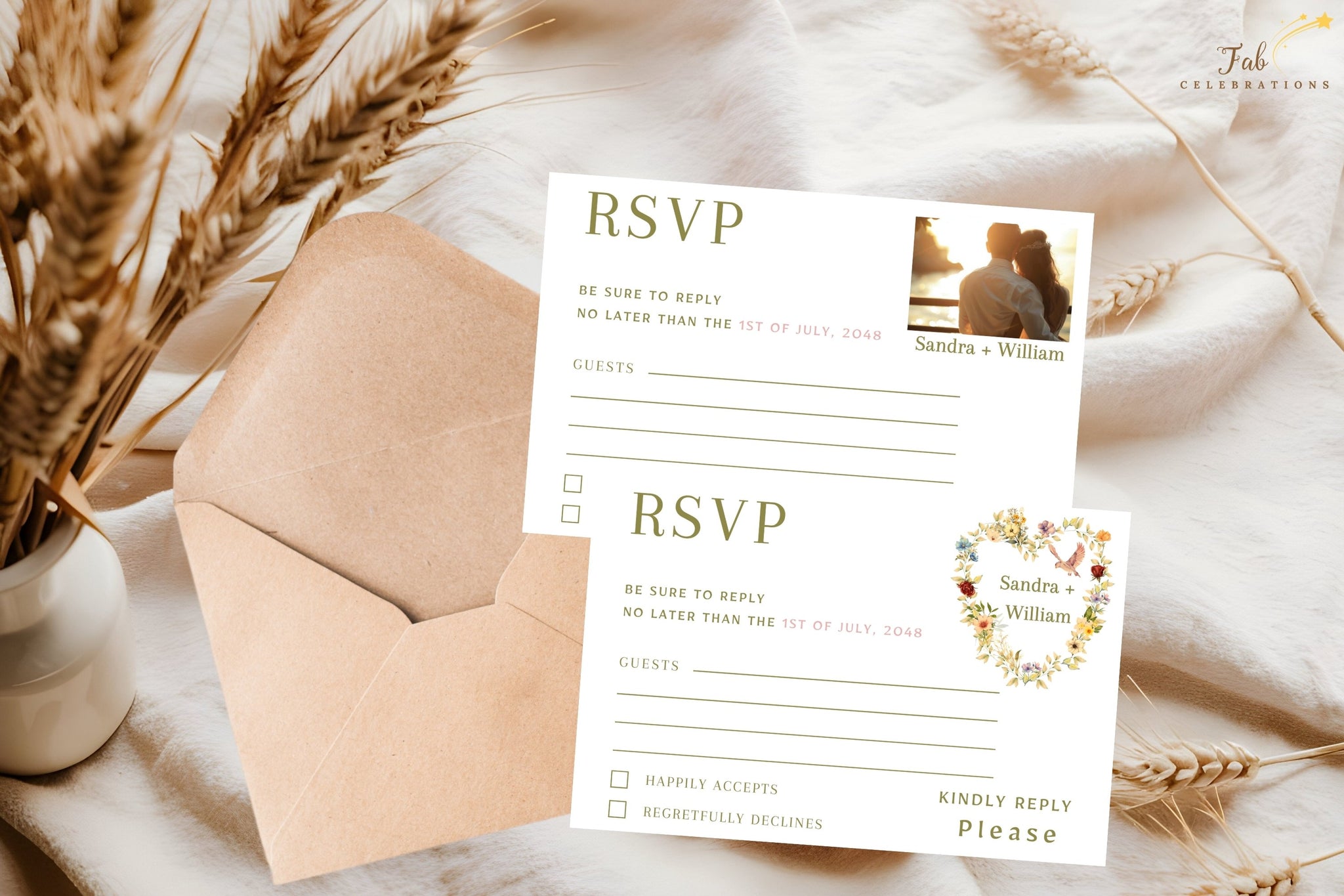 Video showcasing the Romantic Wedding RSVP Card featuring a watercolor-inspired floral heart wreath, graceful dove illustration and two editable Canva response card designs for elegant coordinated wedding stationery.