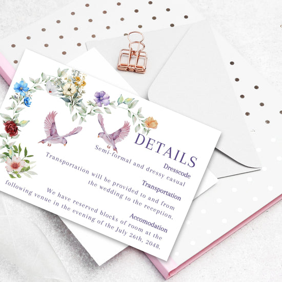 Rustic watercolor wedding card tutorial showing Canva customization with floral wreath design, dove motifs and countryside-inspired artistry for romantic wedding stationery.
