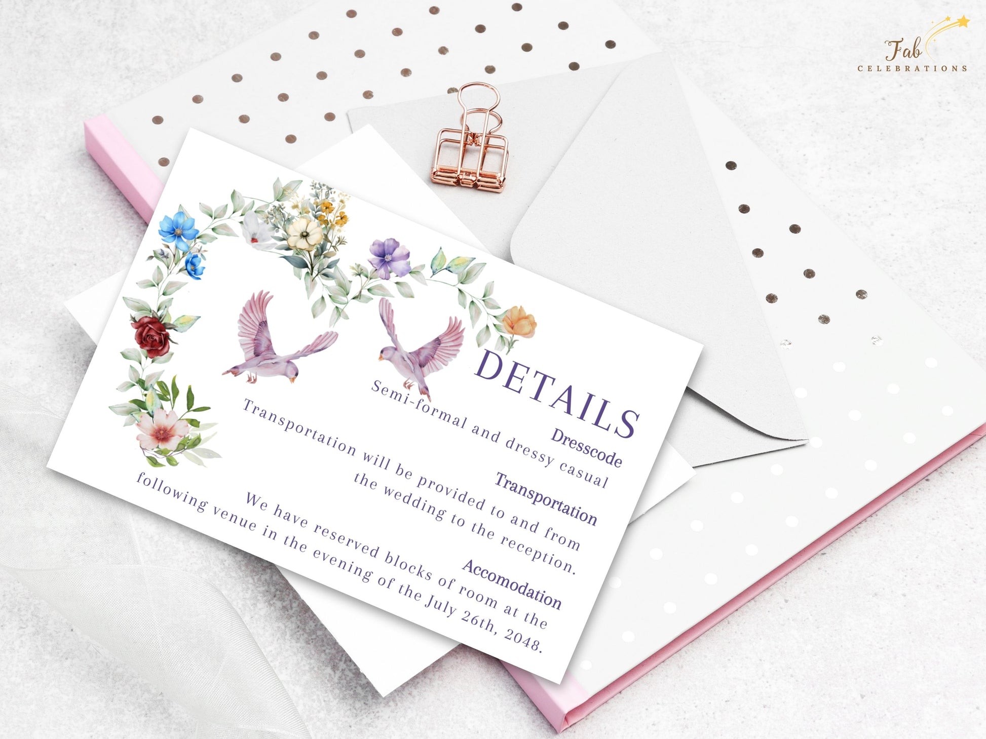 Rustic watercolor wedding card tutorial showing Canva customization with floral wreath design, dove motifs and countryside-inspired artistry for romantic wedding stationery.
