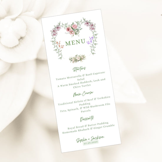 Tutorial showing how to edit sage wedding invitations menu card in Canva, featuring floral heart watercolor design for rustic boho and French countryside weddings.