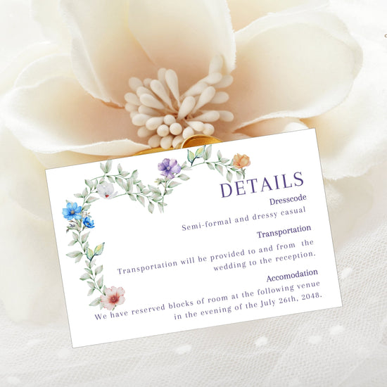 Soft Floral Wedding Details Card editable Canva template featuring a watercolor-inspired floral heart wreath, romantic botanical details, elegant typography, and coordinated wedding stationery for sharing important celebration information