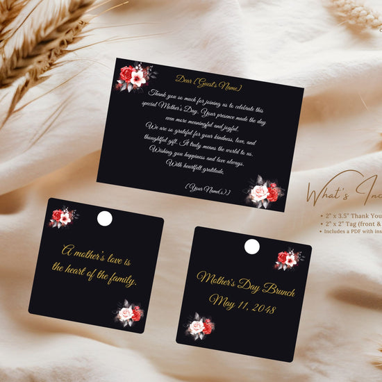 Thank You Mom Card Printable video preview showcasing elegant black and gold Canva templates with romantic red and white floral artwork, customizable text, and matching front and back floral gift tag designs for a refined Mother’s Day celebration.