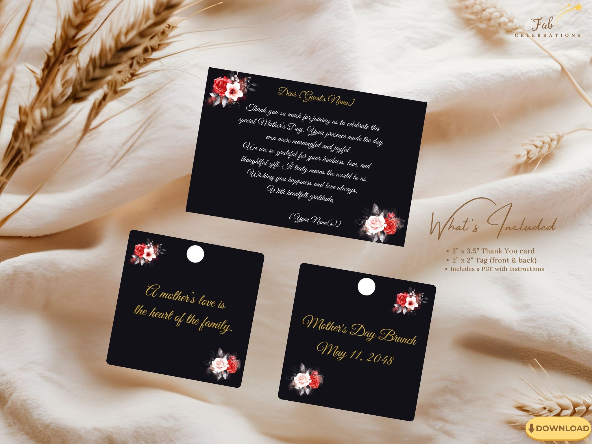 Thank You Mom Card Printable video preview showcasing elegant black and gold Canva templates with romantic red and white floral artwork, customizable text, and matching front and back floral gift tag designs for a refined Mother’s Day celebration.