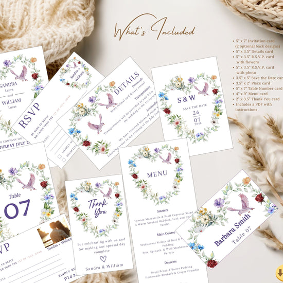 Watercolor wedding invitations tutorial showing how to edit Canva templates with hand-painted florals, rustic boho accents and romantic typography for elegant countryside ceremonies.