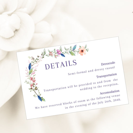 Step-by-step Canva tutorial showing how to edit the wedding details template, including sections for accommodation, directions, program and dress code, with printing preparation.