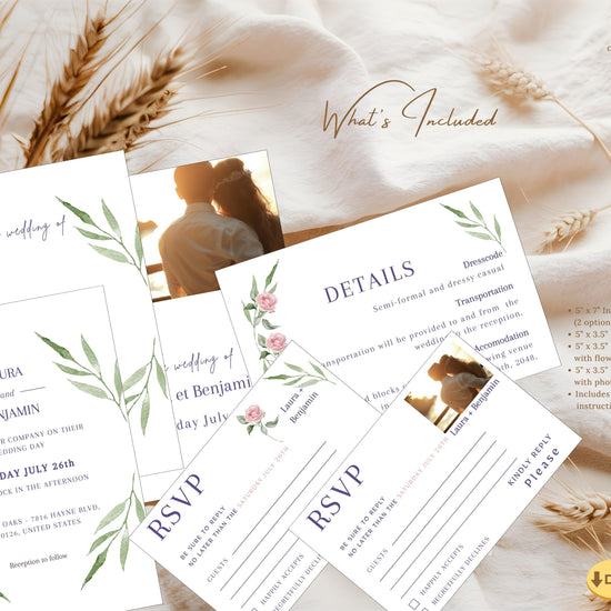 Wedding invitation set in pink rose boho style — 6 editable Canva templates with watercolor florals, sage greenery, and modern typography, designed for timeless romantic weddings.