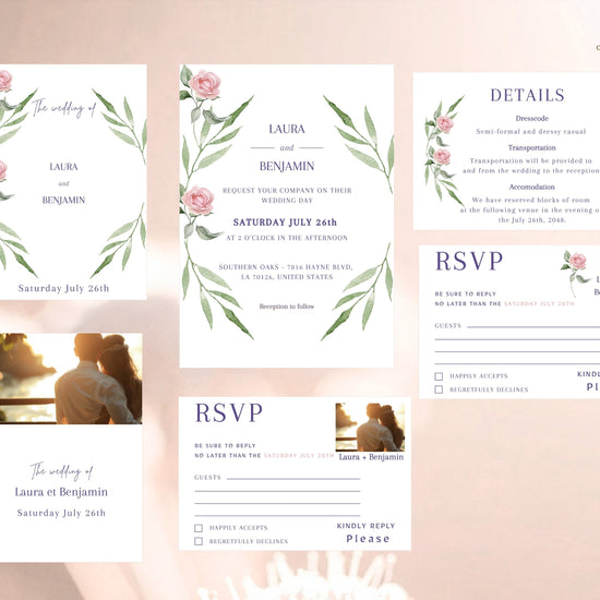 Wedding invitation set in pink rose boho style — 6 editable Canva templates with watercolor florals, sage greenery, and modern typography, designed for timeless romantic weddings.