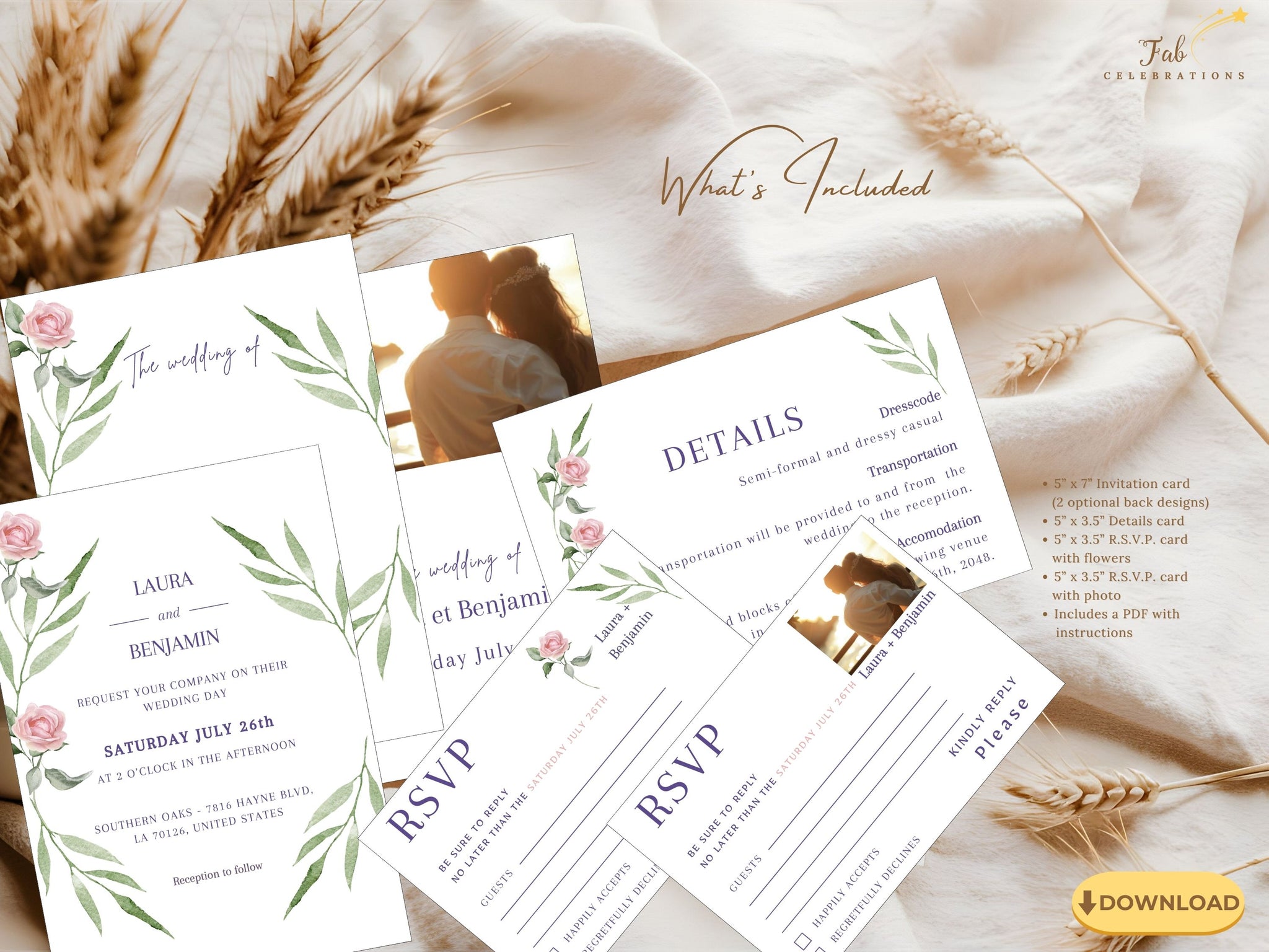 Wedding invitation set in pink rose boho style — 6 editable Canva templates with watercolor florals, sage greenery, and modern typography, designed for timeless romantic weddings.