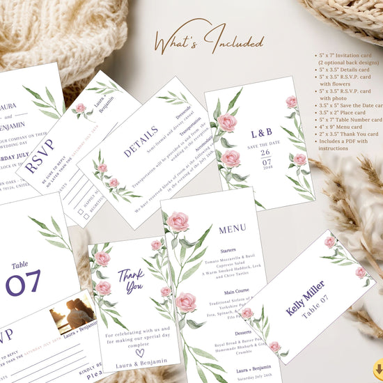 Wedding invite set with 11 pink rose boho templates — complete editable Canva collection with watercolor florals, sage greenery, and French countryside inspiration.