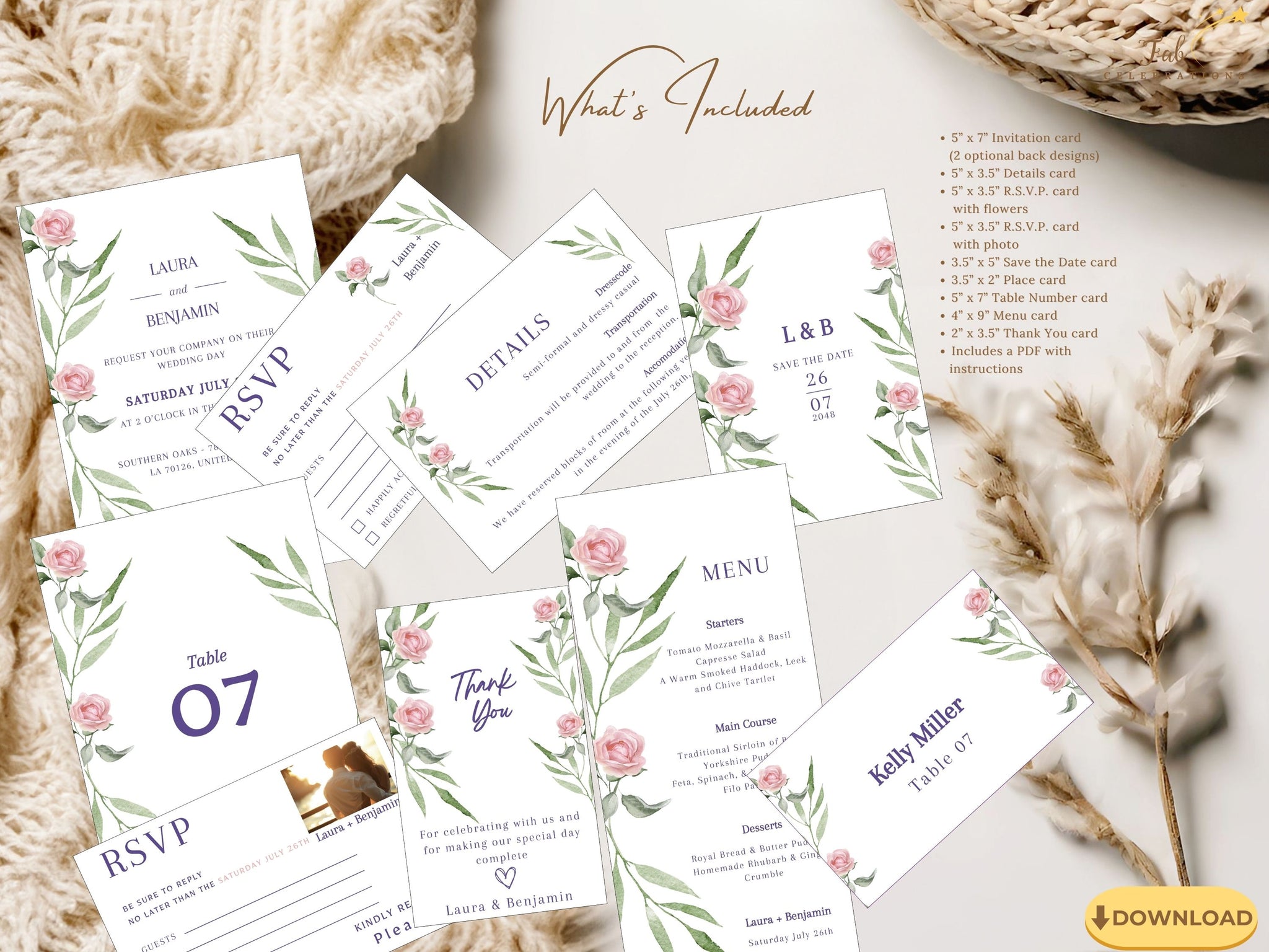 Wedding invite set with 11 pink rose boho templates — complete editable Canva collection with watercolor florals, sage greenery, and French countryside inspiration.