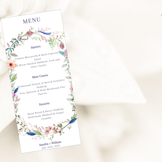 Step-by-step Canva tutorial for editing wedding menu templates, including customizing food and drink sections, adjusting floral colors, and preparing print-ready files for receptions.