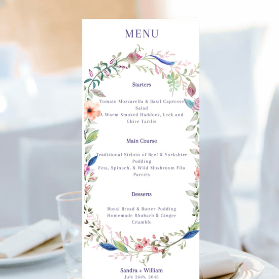Step-by-step Canva tutorial for editing wedding menu templates, including customizing food and drink sections, adjusting floral colors, and preparing print-ready files for receptions.
