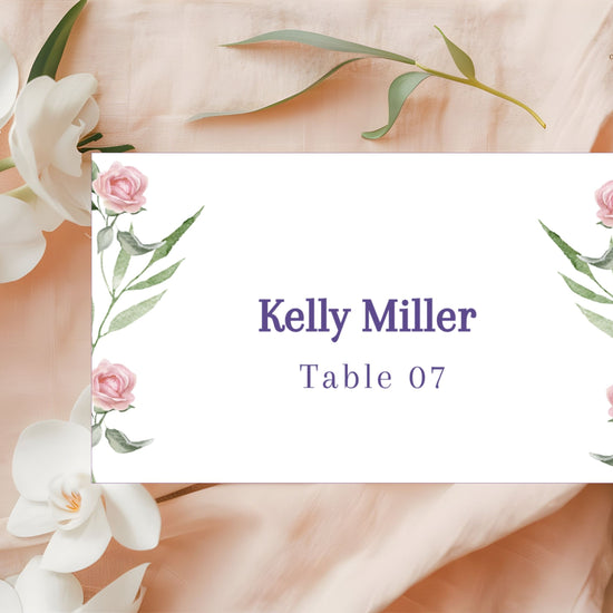 Wedding place card template with watercolor pink roses — editable Canva design to welcome reception guests with timeless, romantic, and elegant charm.