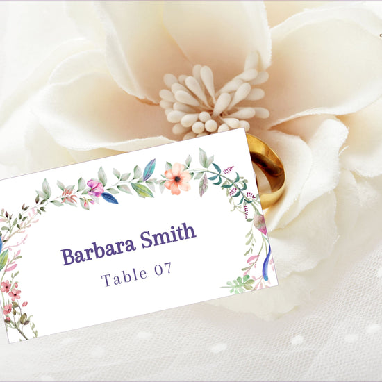 Step-by-step Canva tutorial for editing wedding place card templates, including customizing guest names, adjusting floral colors, and preparing print-ready files for wedding receptions.