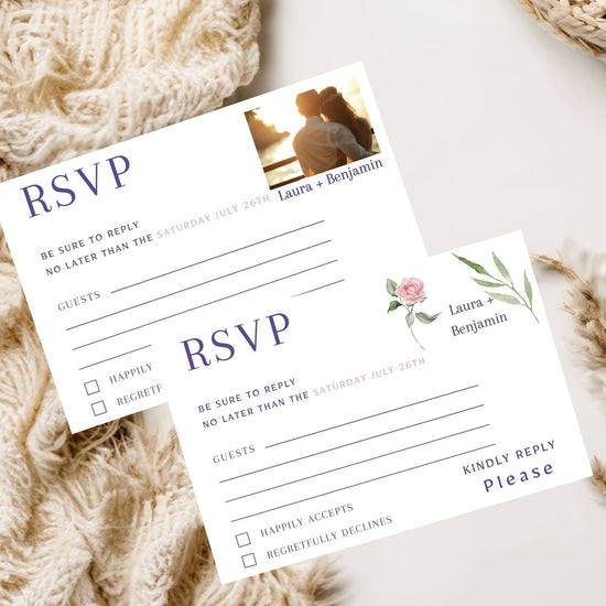Wedding RSVP card template with pink roses and sage greenery — editable Canva design featuring two versions (floral & photo) for elegant guest response collection.