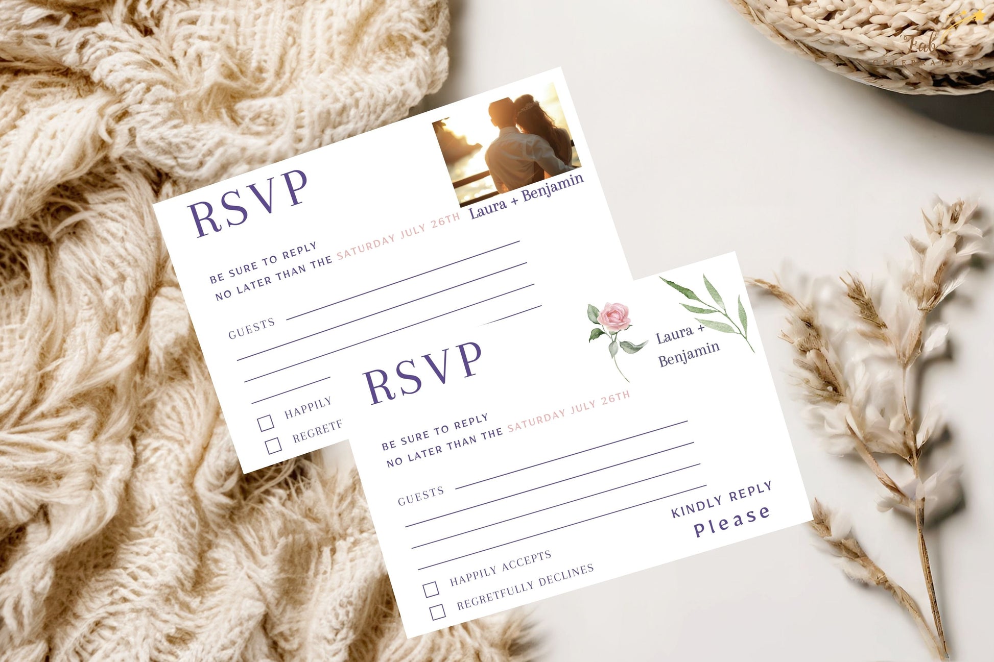 Wedding RSVP card template with pink roses and sage greenery — editable Canva design featuring two versions (floral & photo) for elegant guest response collection.