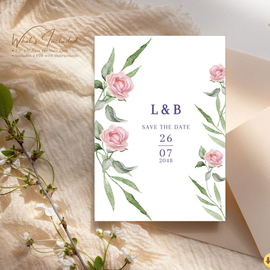 Wedding save the date with watercolor pink roses and greenery — editable Canva template to announce your day with timeless, romantic, and elegant charm.