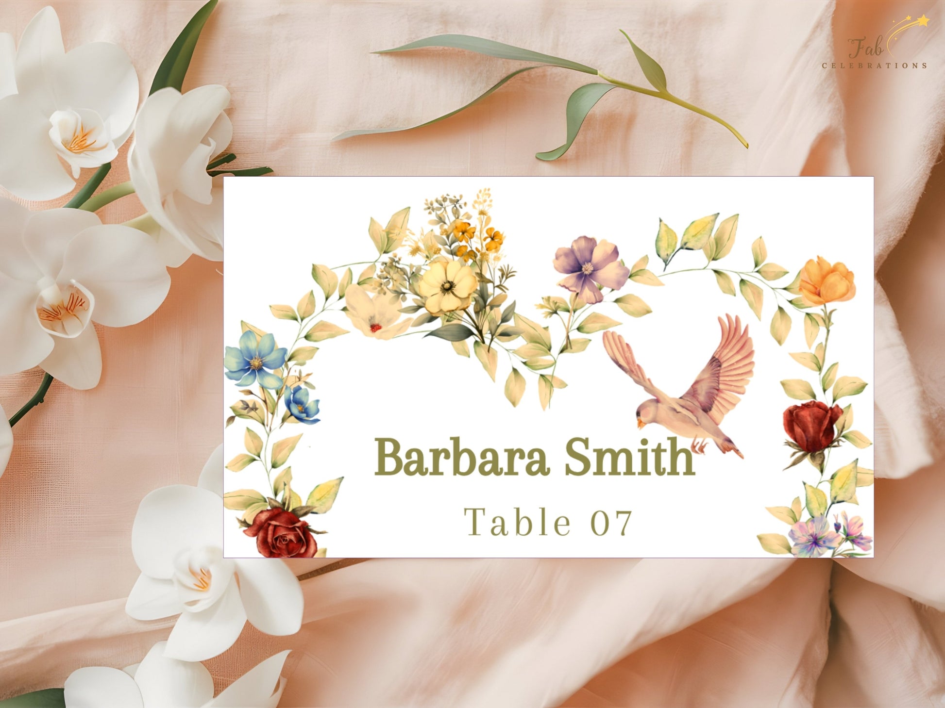 Romantic Wedding Name Card designed in Canva with a delicate half floral heart wreath, elegant typography and graceful dove artwork for timeless printable wedding stationery.