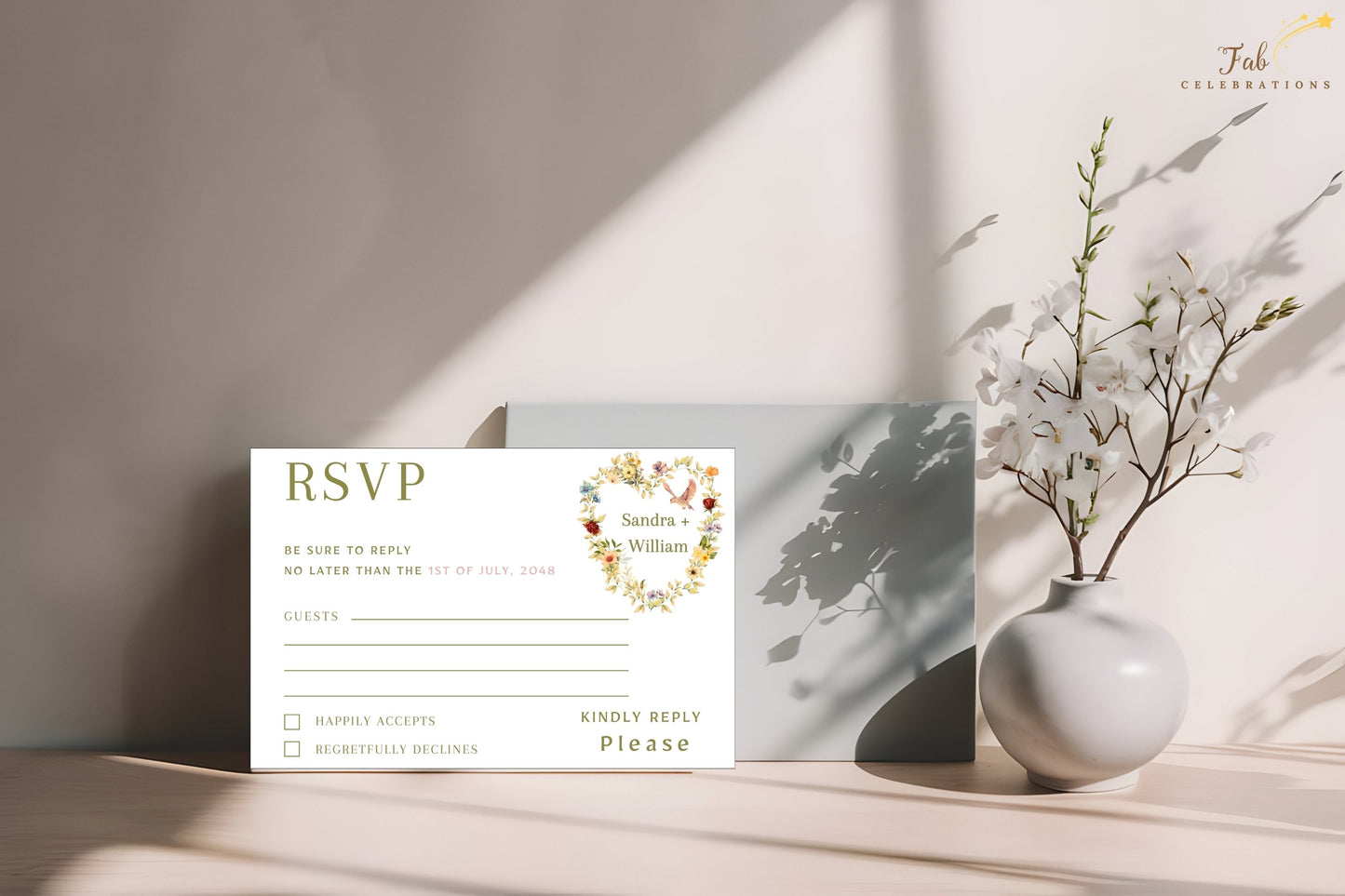 Romantic Wedding RSVP Card designed in Canva with an elegant floral heart wreath and refined typography for beautifully coordinated wedding stationery.