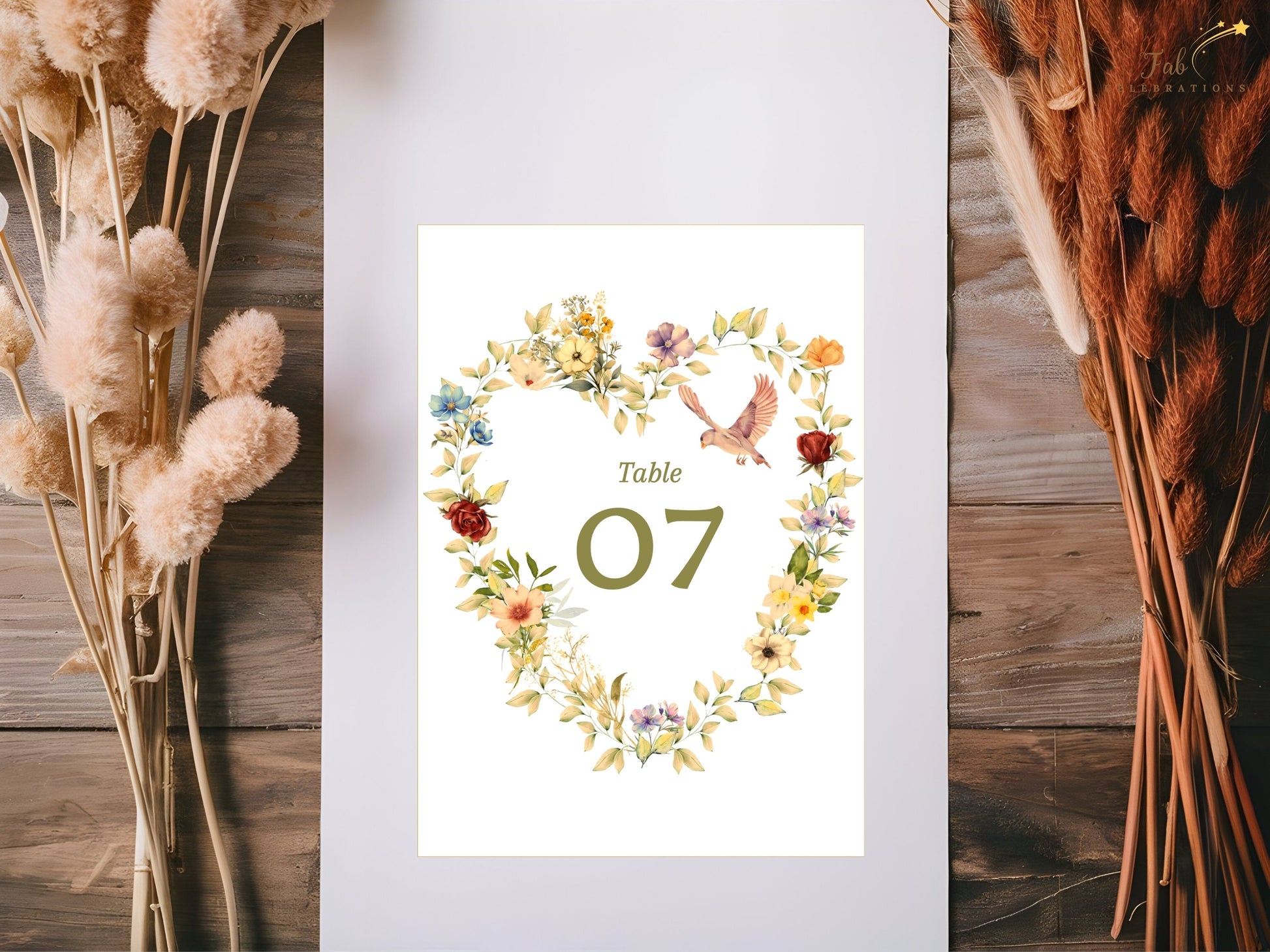 Printable Romantic Wedding Table Number featuring watercolor-inspired floral artwork, botanical elegance and editable Canva design for refined wedding reception decorations.