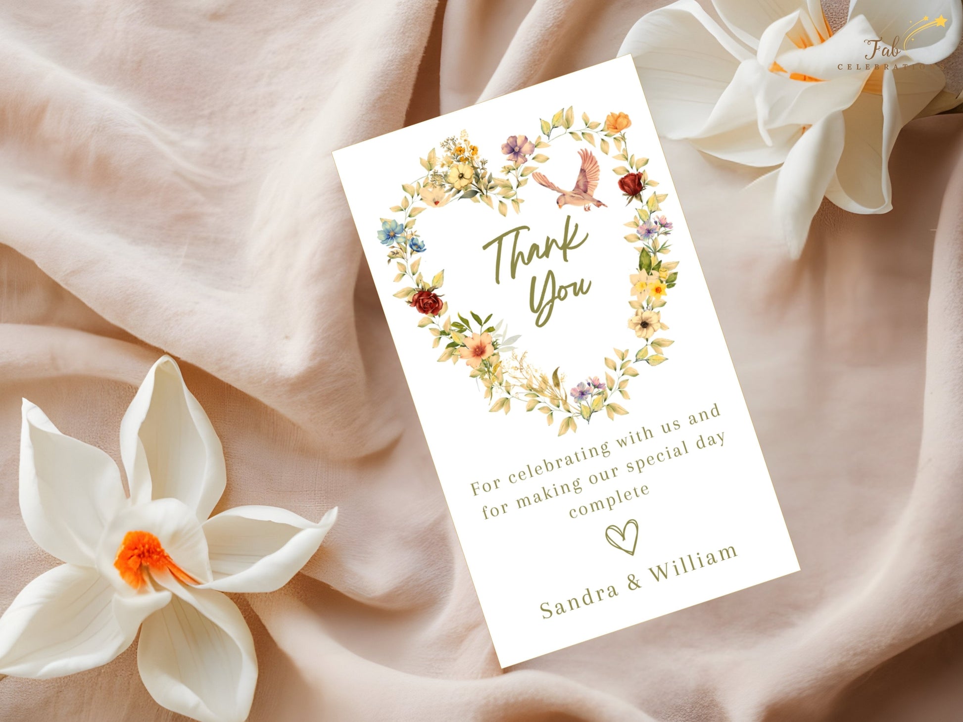 Floral heart thank you card decorated with peach apricot flowers, purple blue blossoms, graceful dove illustration and botanical watercolor artwork for elegant wedding celebrations.