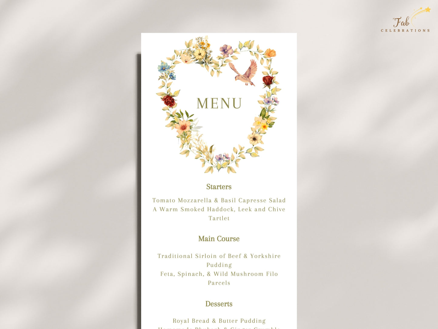 Botanical wedding menu showcasing a delicate floral heart wreath, graceful dove symbolism and editable Canva design for coordinated romantic wedding stationery.
