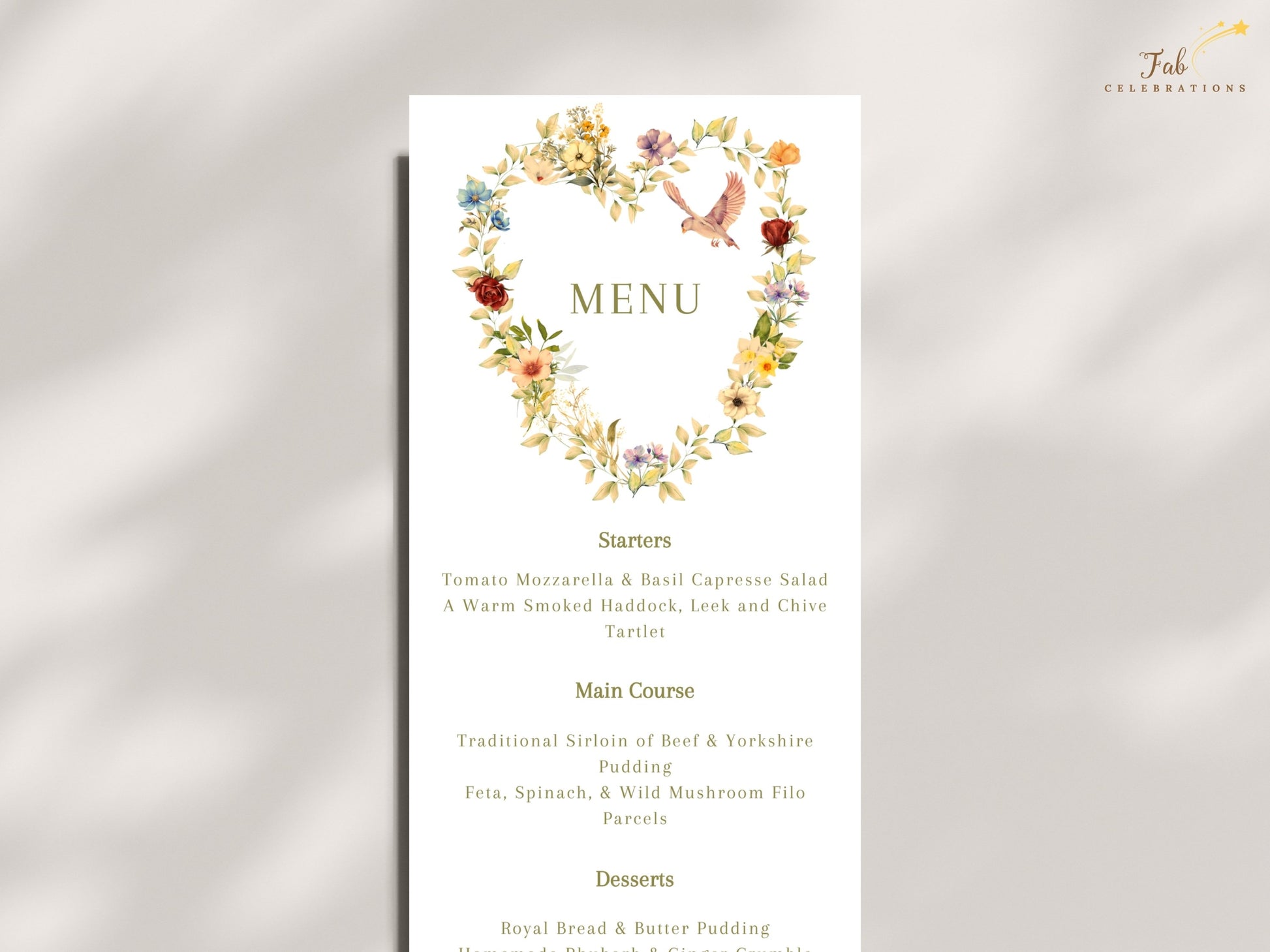 Botanical wedding menu showcasing a delicate floral heart wreath, graceful dove symbolism and editable Canva design for coordinated romantic wedding stationery.