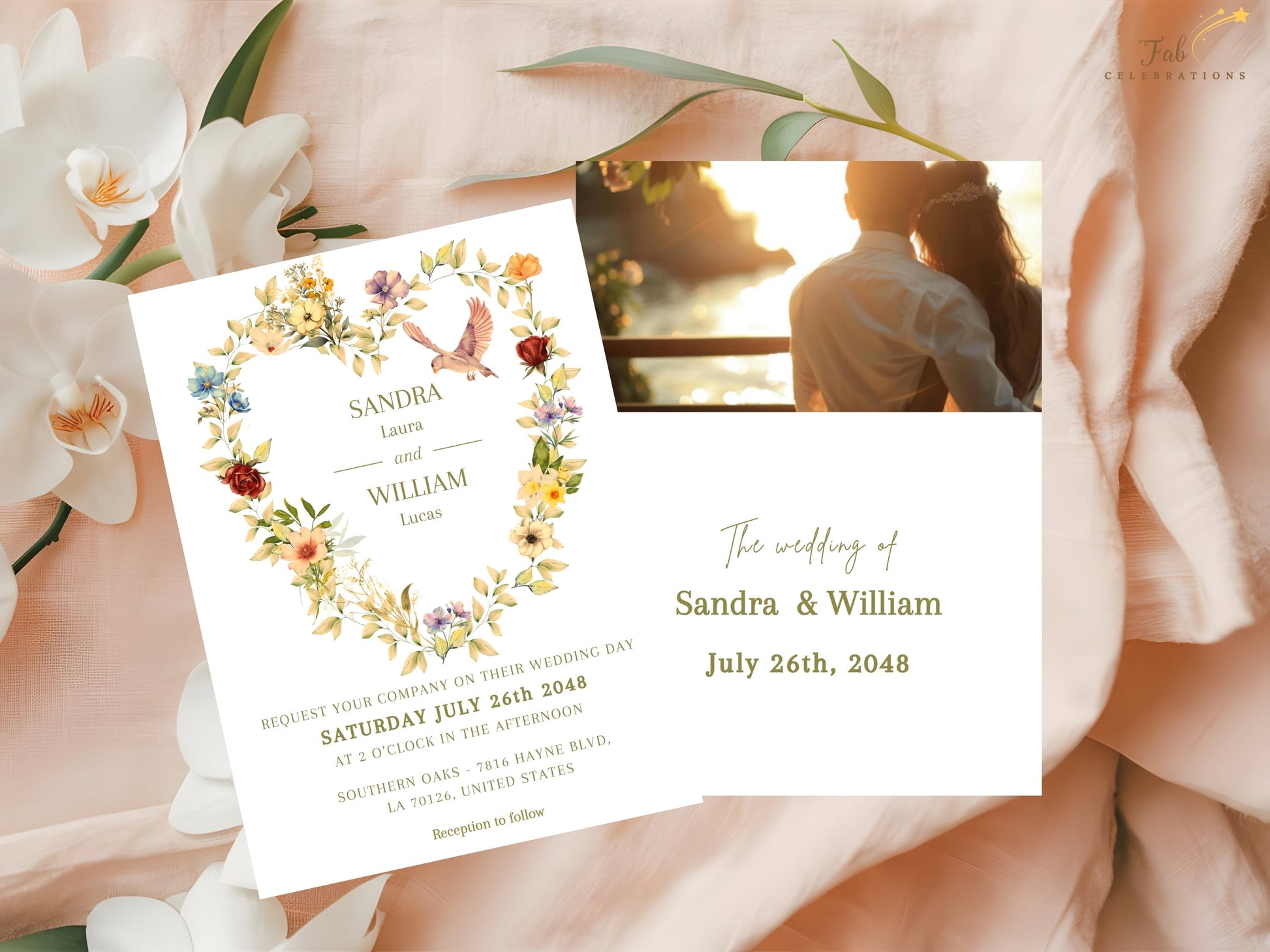 Garden wedding invitation collection featuring watercolor florals, elegant typography, symbolic dove illustrations and beautifully coordinated Canva wedding templates.