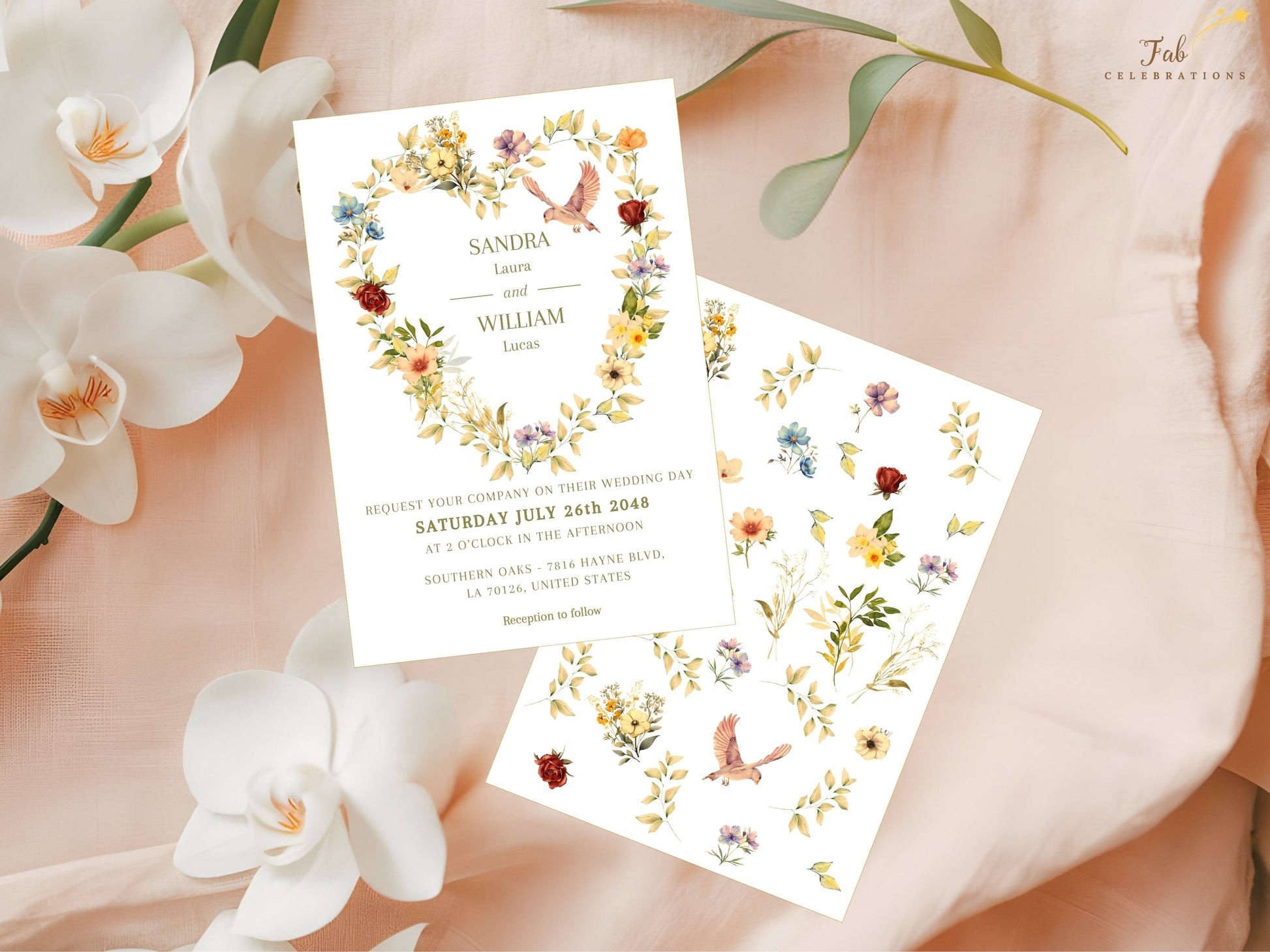 Heart shaped floral invitation set created in Canva featuring romantic botanical florals, graceful dove details and refined watercolor artwork for unforgettable wedding celebrations.