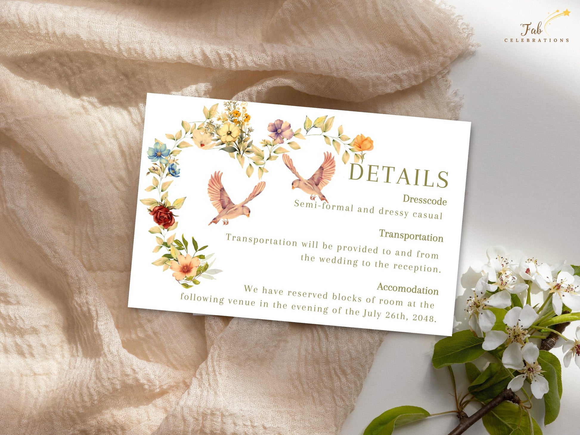 Wedding details card template decorated with a watercolor floral heart, botanical greenery and elegant Canva editing for romantic countryside wedding celebrations.