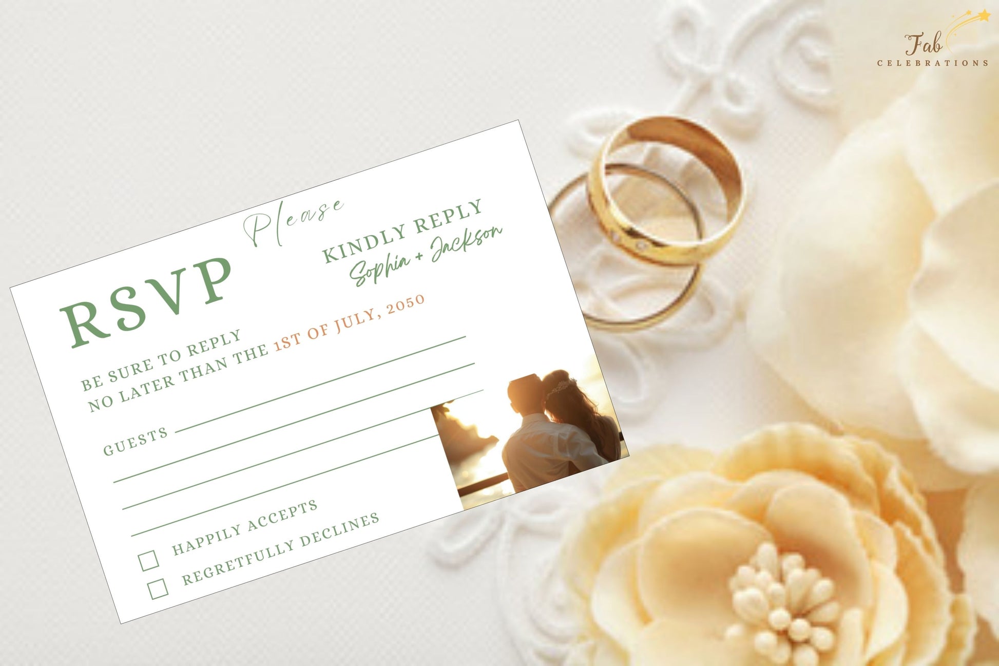Printable wedding invitations RSVP card floral design featuring ivory roses, sage greenery and lavender sprigs for romantic French countryside ceremonies.