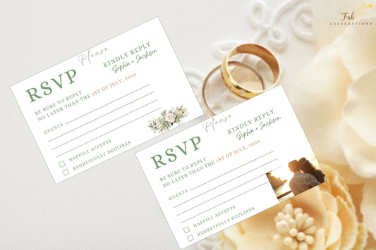 Printable wedding invitations RSVP Canva template with editable text, fonts and colors, designed for romantic garden and rustic countryside weddings.