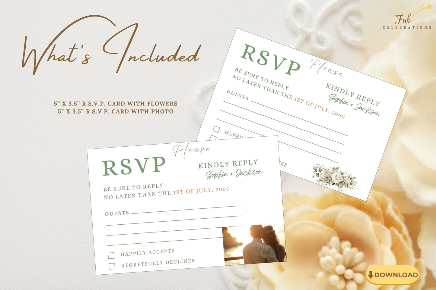 Printable wedding invitations RSVP card editable preview showing floral bouquet artwork and personalized fields for French rustic wedding celebrations.
