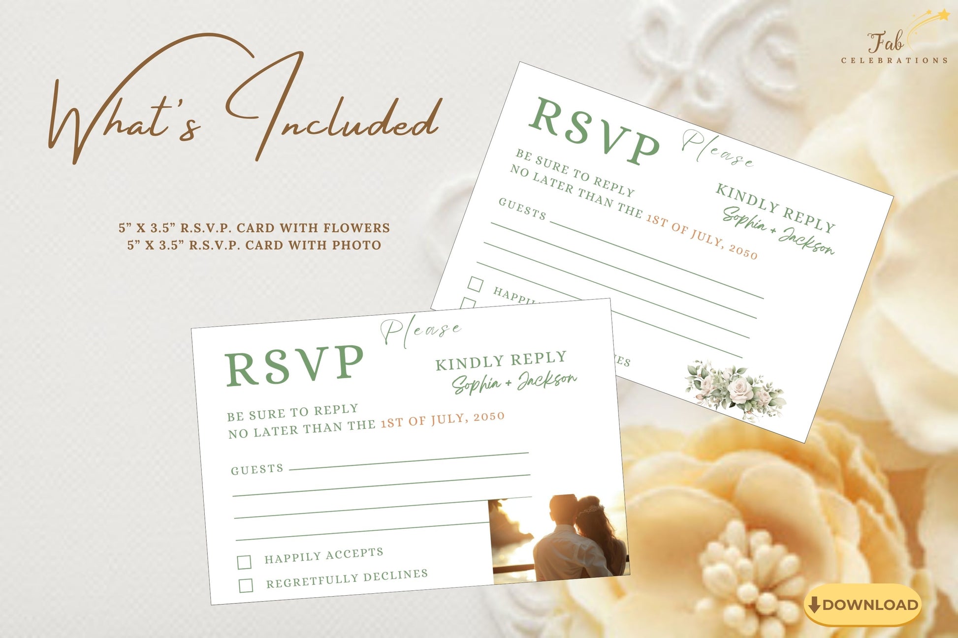 Printable wedding invitations RSVP card editable preview showing floral bouquet artwork and personalized fields for French rustic wedding celebrations.