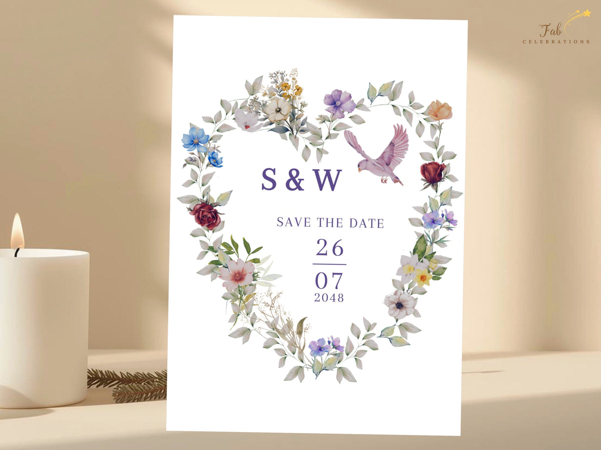 Purple floral save the date card with a watercolor-inspired heart-shaped botanical wreath, small blue and pink flowers, green foliage and a pink dove framing the couple's wedding details.